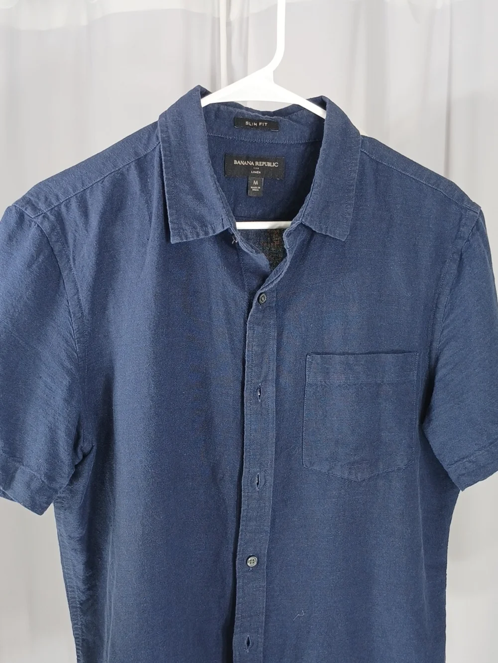 Banana Republic mens Navy Blue Slim Fit Short Sleeve linen Button-Up Shirt